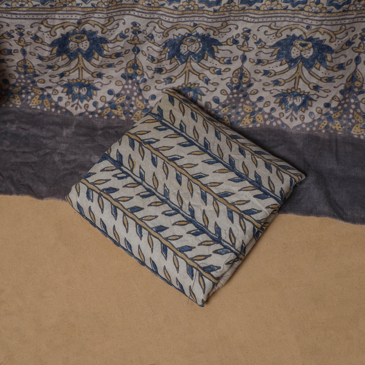 Beige - Woolen Ajrakh Hand Block Print Unstitched Dress Material: Kurta, Bottom with Dupatta 19