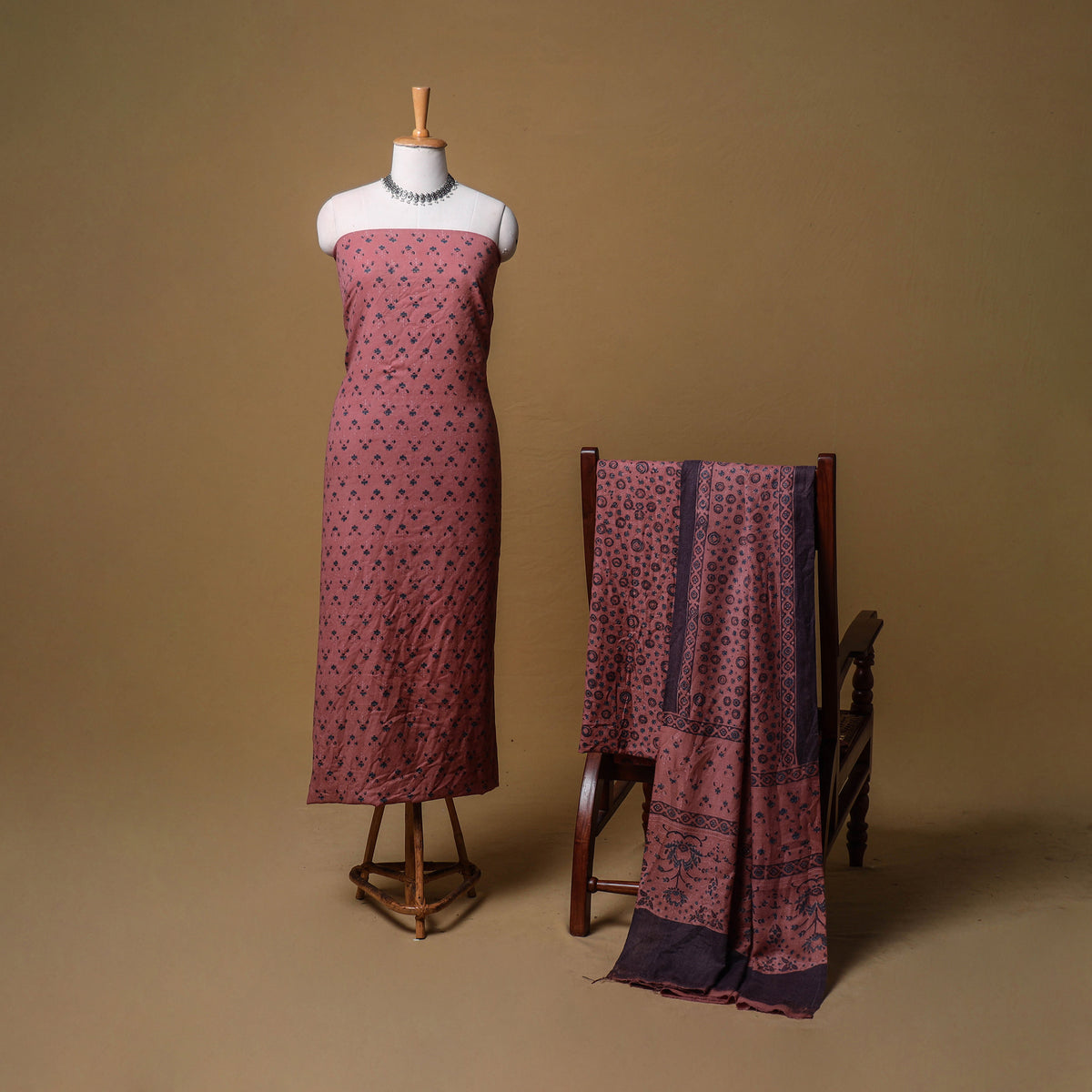 Woolen Ajrakh Hand Block Print Unstitched Dress Material: Kurta, Bottom with Dupatta 20