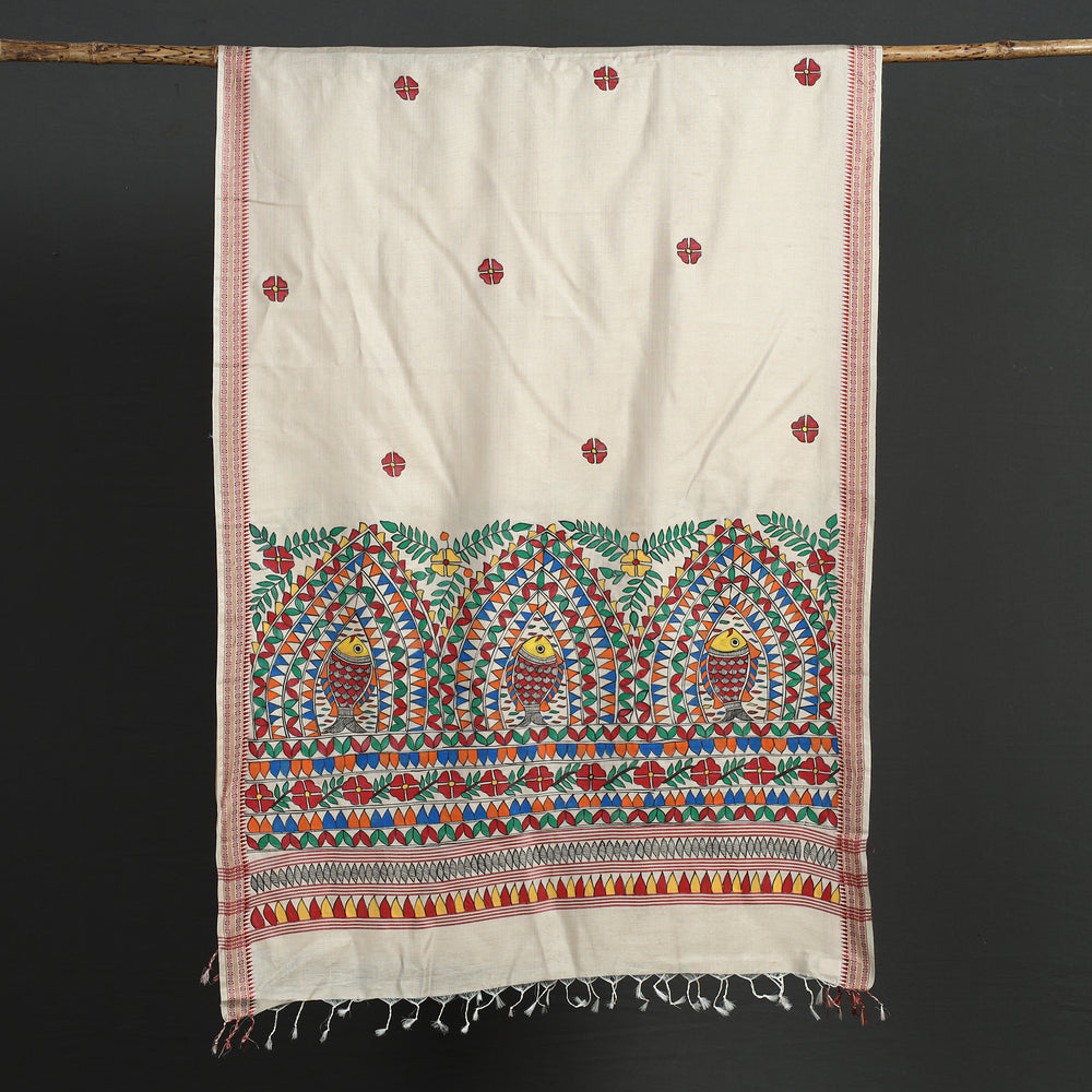 Beige - Madhubani Handpainted Tussar Cotton Handloom Dobby Border Dupatta with Tassels