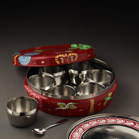 Odisha Pattachitra Red Handpainted Stainless Steel Masala Box (8 x 8 in)