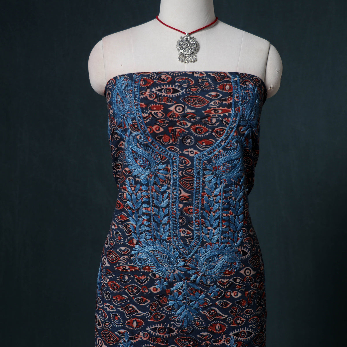 Lucknowi Chikankari Hand Work Unstitched Dress Material: Kurta & Dupatta with Jewellery 39