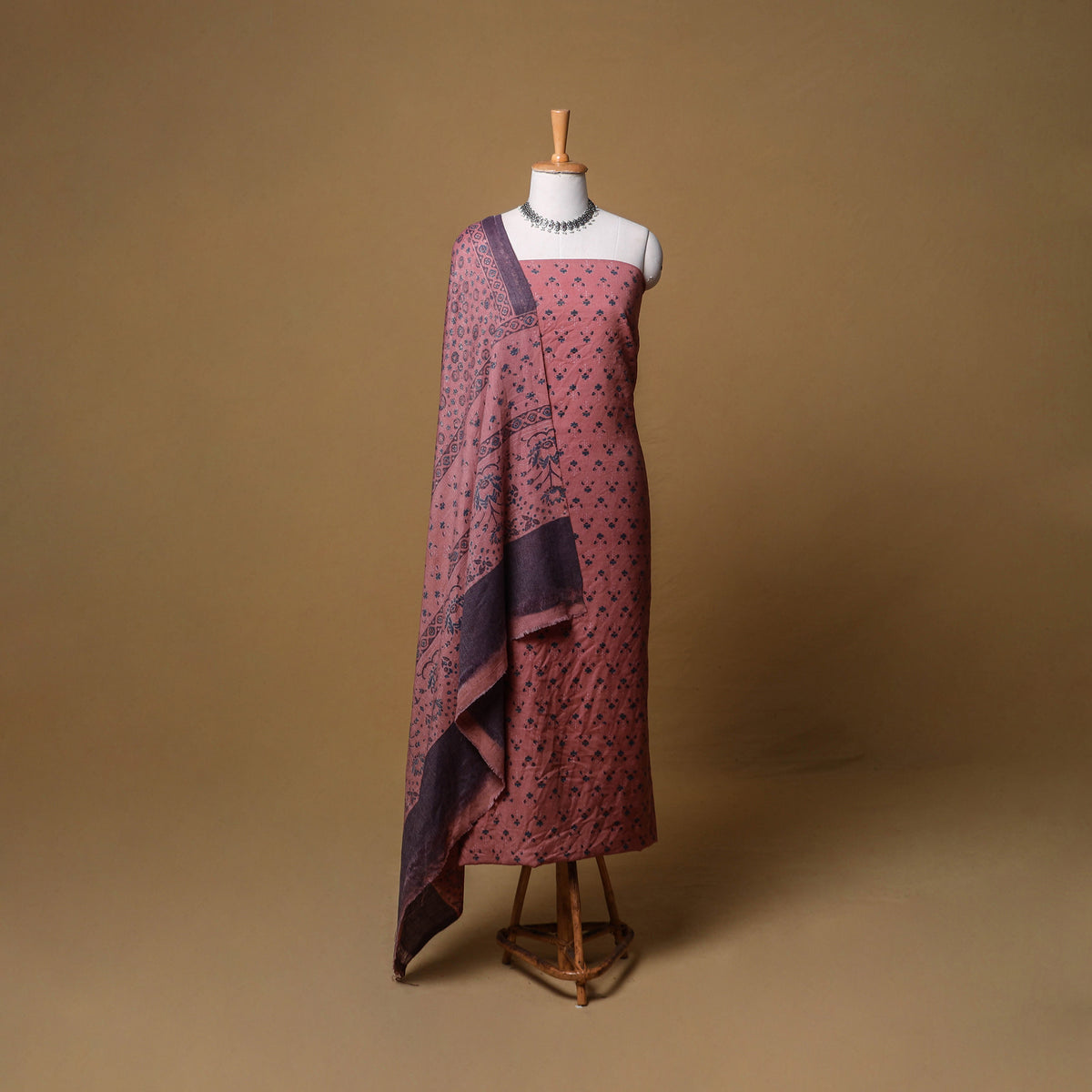 Woolen Ajrakh Hand Block Print Unstitched Dress Material: Kurta, Bottom with Dupatta 20