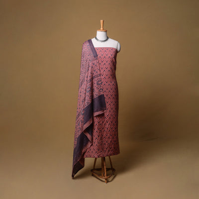 Woolen Ajrakh Hand Block Print Unstitched Dress Material: Kurta, Bottom with Dupatta 20