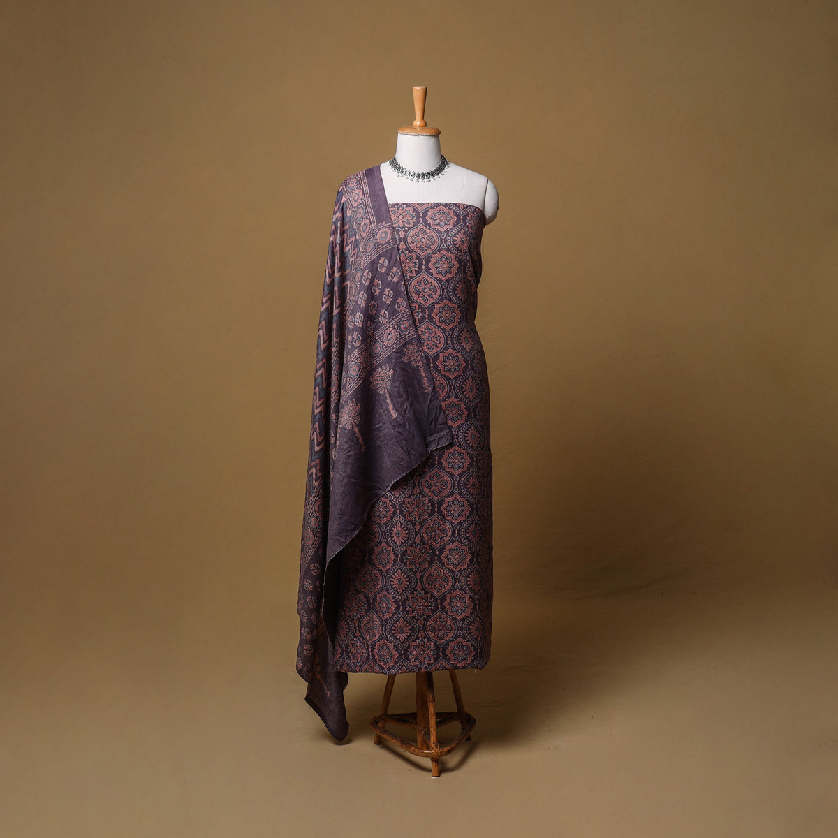 Woolen Ajrakh Hand Block Print Unstitched Dress Material: Kurta, Bottom with Dupatta 21