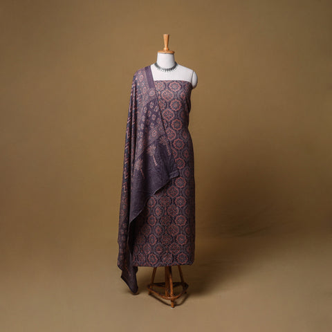Woolen Ajrakh Hand Block Print Unstitched Dress Material: Kurta, Bottom with Dupatta 21