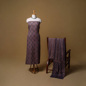 Woolen Ajrakh Hand Block Print Unstitched Dress Material: Kurta, Bottom with Dupatta 21