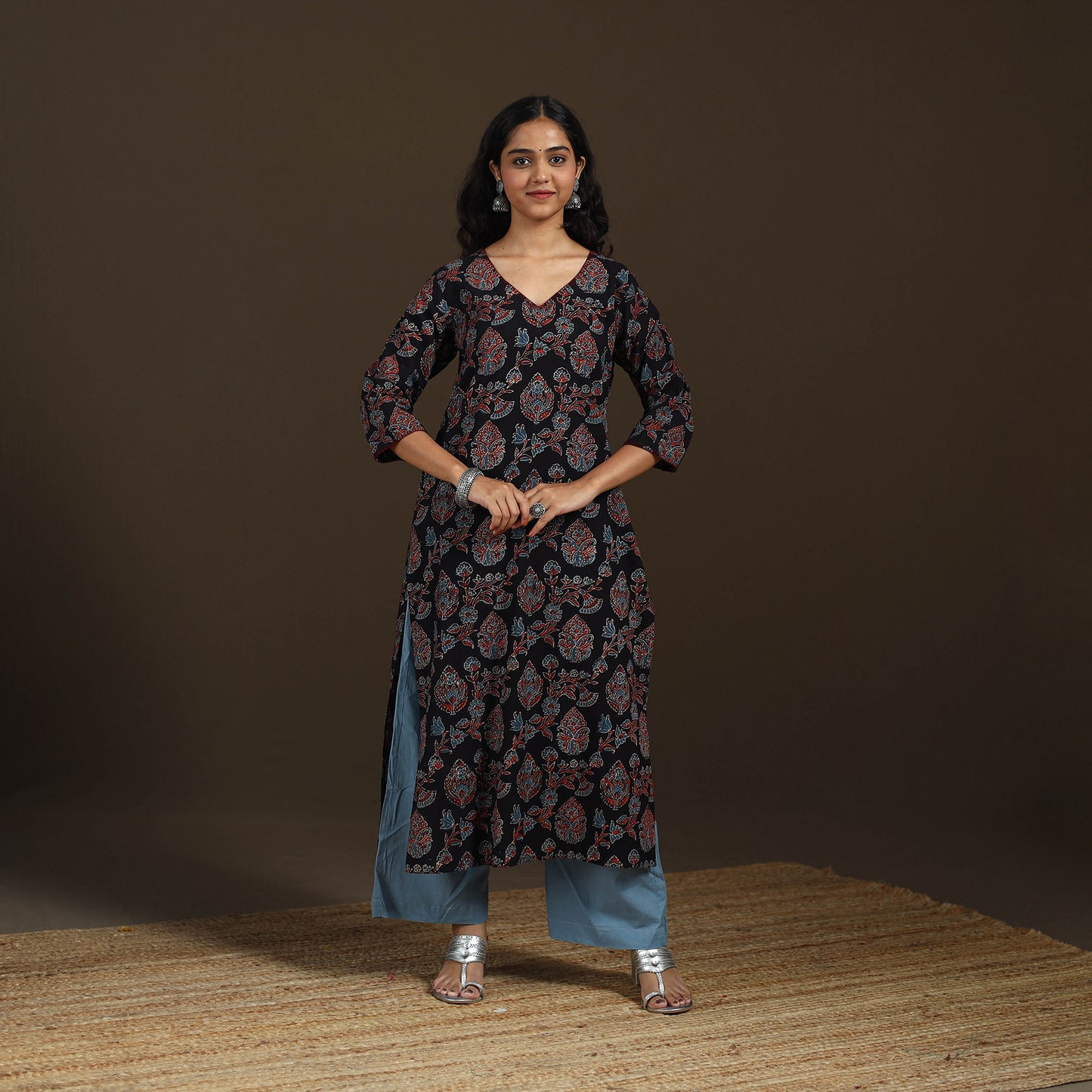Ajrakh Hand Block Print Natural Dyed Cotton Thread Work Straight Long Kurta for women 10
