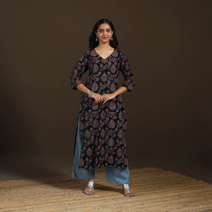 Ajrakh Hand Block Print Natural Dyed Cotton Thread Work Straight Long Kurta for women 10
