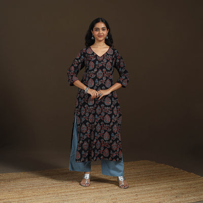 Ajrakh Hand Block Print Natural Dyed Cotton Thread Work Straight Long Kurta for women 10