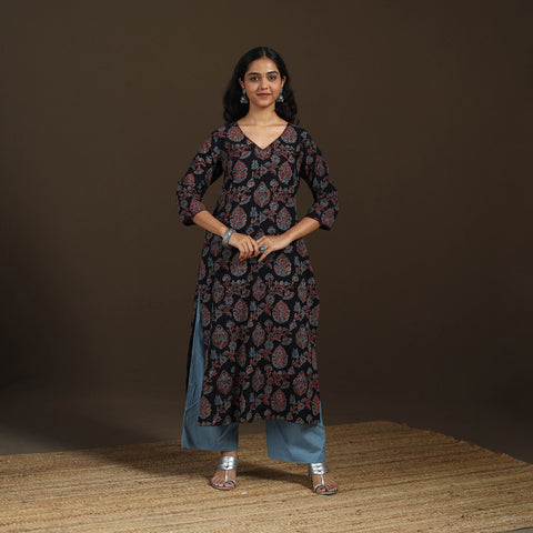 Black - Ajrakh Hand Block Print Natural Dyed Cotton Thread Work Straight Long Kurta for women 10