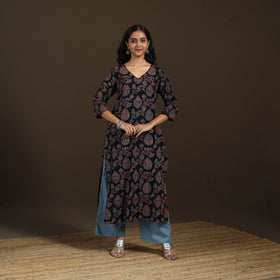 Ajrakh Hand Block Print Natural Dyed Cotton Thread Work Straight Long Kurta for women 10