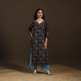 Ajrakh Hand Block Print Natural Dyed Cotton Thread Work Straight Long Kurta for women 10