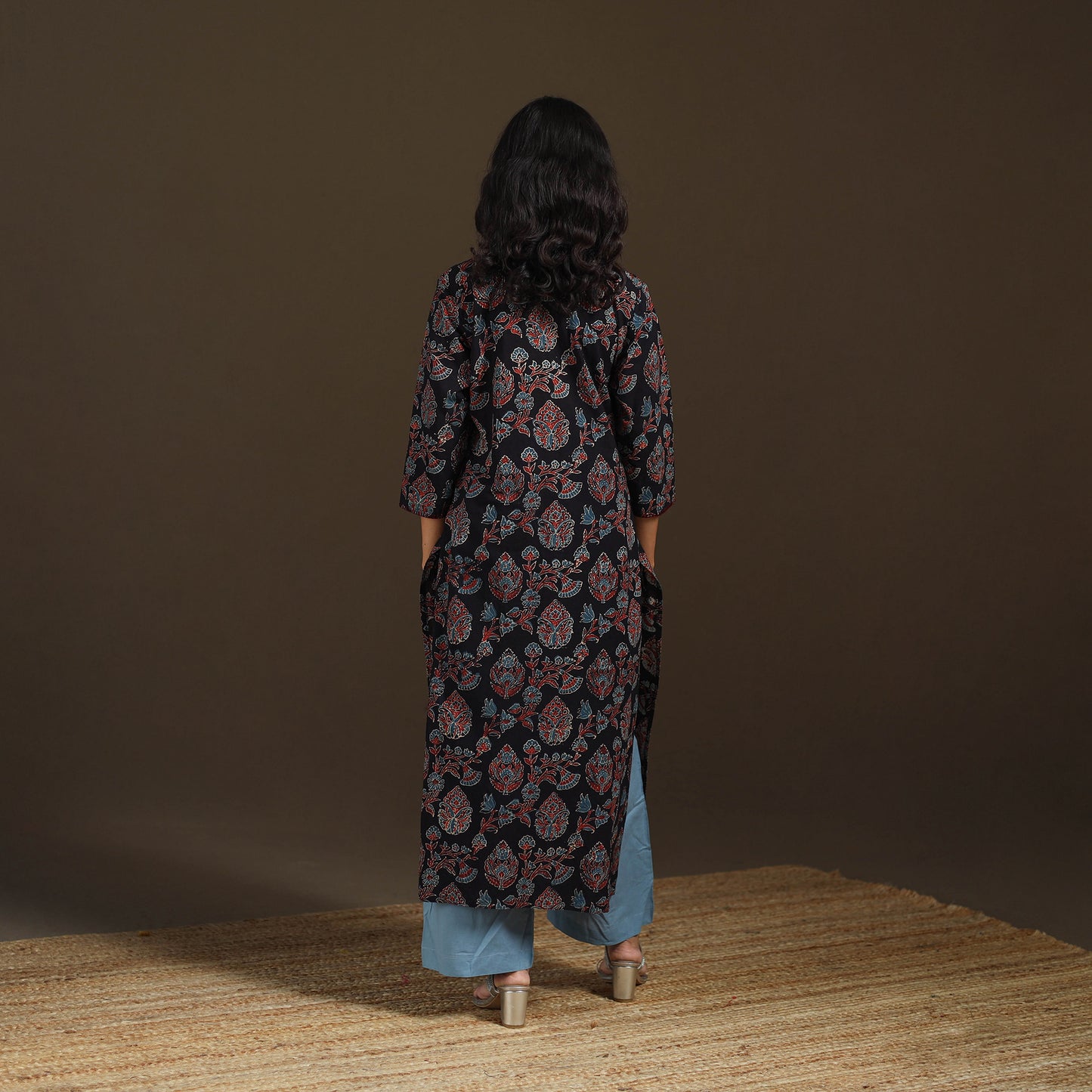 Ajrakh Hand Block Print Natural Dyed Cotton Thread Work Straight Long Kurta for women 10