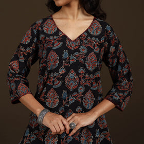 Ajrakh Hand Block Print Natural Dyed Cotton Thread Work Straight Long Kurta for women 10