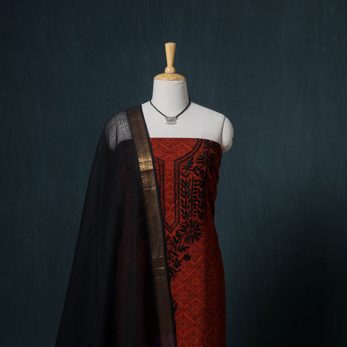 Lucknowi Chikankari Hand Work Unstitched Dress Material: Kurta & Dupatta with Jewellery 40