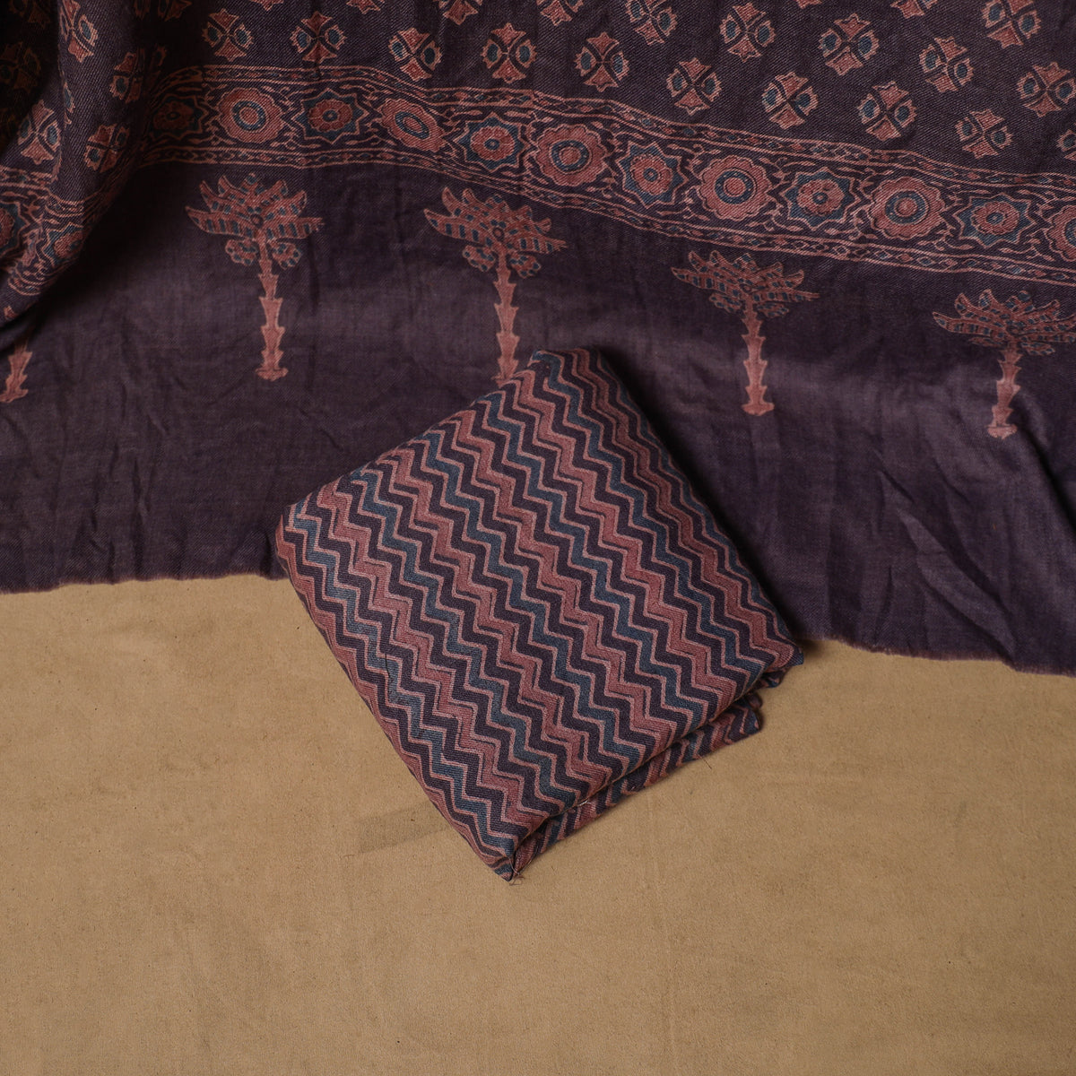 Woolen Ajrakh Hand Block Print Unstitched Dress Material: Kurta, Bottom with Dupatta 21