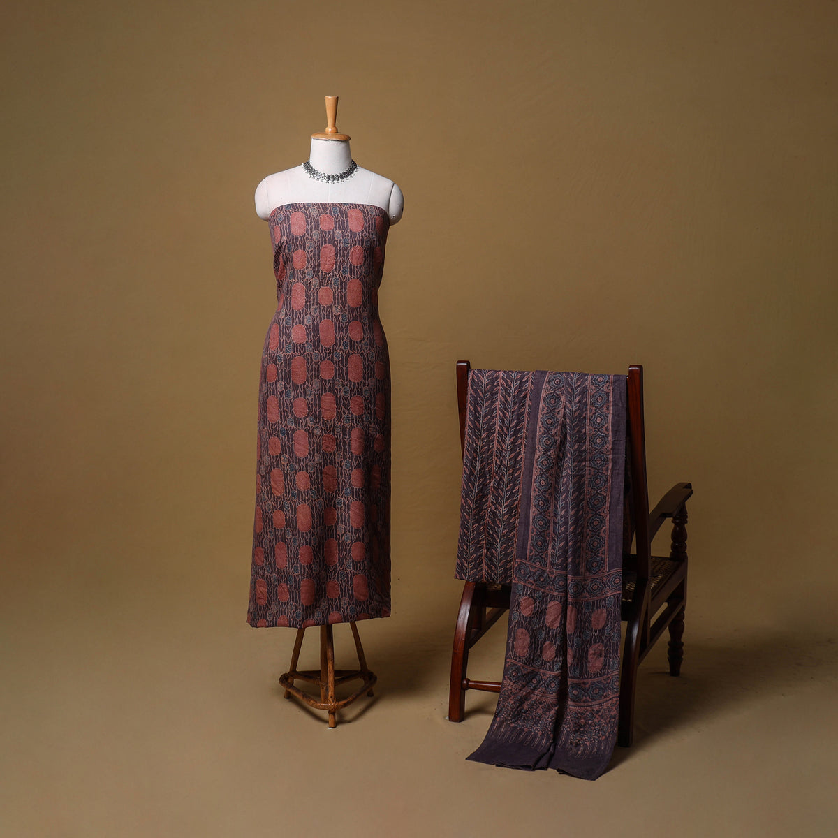 Woolen Ajrakh Hand Block Print Unstitched Dress Material: Kurta, Bottom with Dupatta 22