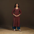 Ajrakh Hand Block Print Natural Dyed Cotton Thread Work Embroidered Straight Long Kurta for women 08
