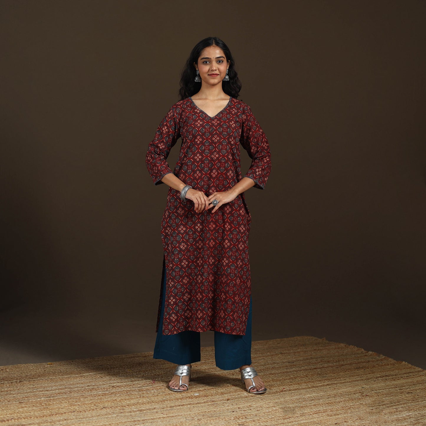 Ajrakh Hand Block Print Natural Dyed Cotton Thread Work Embroidered Straight Long Kurta for women 08