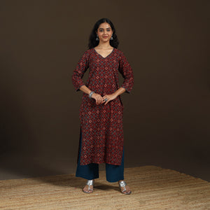 Maroon - Ajrakh Hand Block Print Natural Dyed Cotton Thread Work Embroidered Straight Long Kurta for women 08