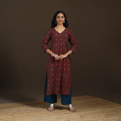 Ajrakh Hand Block Print Natural Dyed Cotton Thread Work Embroidered Straight Long Kurta for women 08