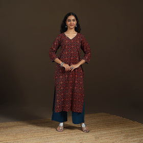 Ajrakh Hand Block Print Natural Dyed Cotton Thread Work Embroidered Straight Long Kurta for women 08