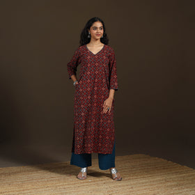 Ajrakh Hand Block Print Natural Dyed Cotton Thread Work Embroidered Straight Long Kurta for women 08