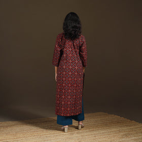Ajrakh Hand Block Print Natural Dyed Cotton Thread Work Embroidered Straight Long Kurta for women 08
