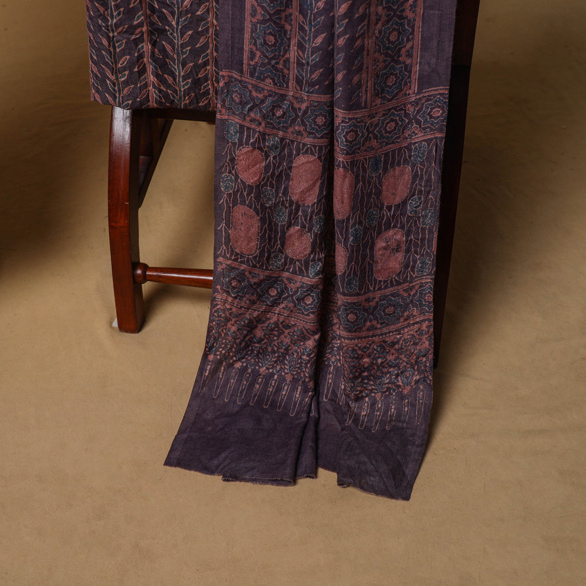 Woolen Ajrakh Hand Block Print Unstitched Dress Material: Kurta, Bottom with Dupatta 22