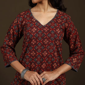 Ajrakh Hand Block Print Natural Dyed Cotton Thread Work Embroidered Straight Long Kurta for women 08