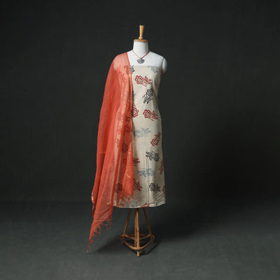 Ajrakh Block Print Natural Dyed Cotton Unstitched Dress Material: Kurta & Dupatta with Jewellery 02