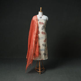 Ajrakh Block Print Natural Dyed Cotton Unstitched Dress Material: Kurta & Dupatta with Jewellery 02