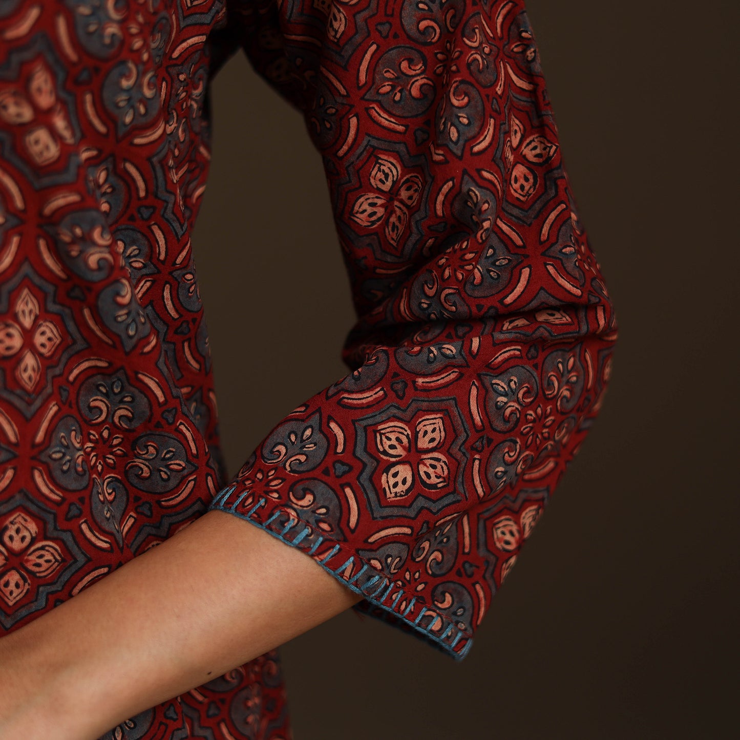 Ajrakh Hand Block Print Natural Dyed Cotton Thread Work Embroidered Straight Long Kurta for women 08