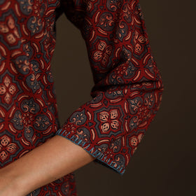 Ajrakh Hand Block Print Natural Dyed Cotton Thread Work Embroidered Straight Long Kurta for women 08