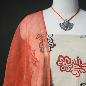 Ajrakh Block Print Natural Dyed Cotton Unstitched Dress Material: Kurta & Dupatta with Jewellery 02