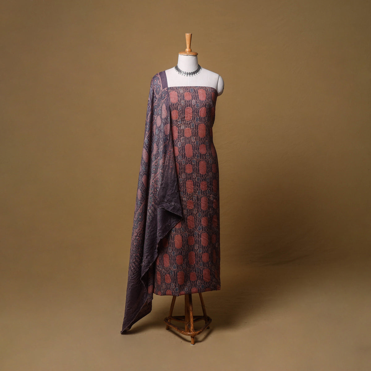 Woolen Ajrakh Hand Block Print Unstitched Dress Material: Kurta, Bottom with Dupatta 22