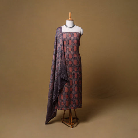 Woolen Ajrakh Hand Block Print Unstitched Dress Material: Kurta, Bottom with Dupatta 22
