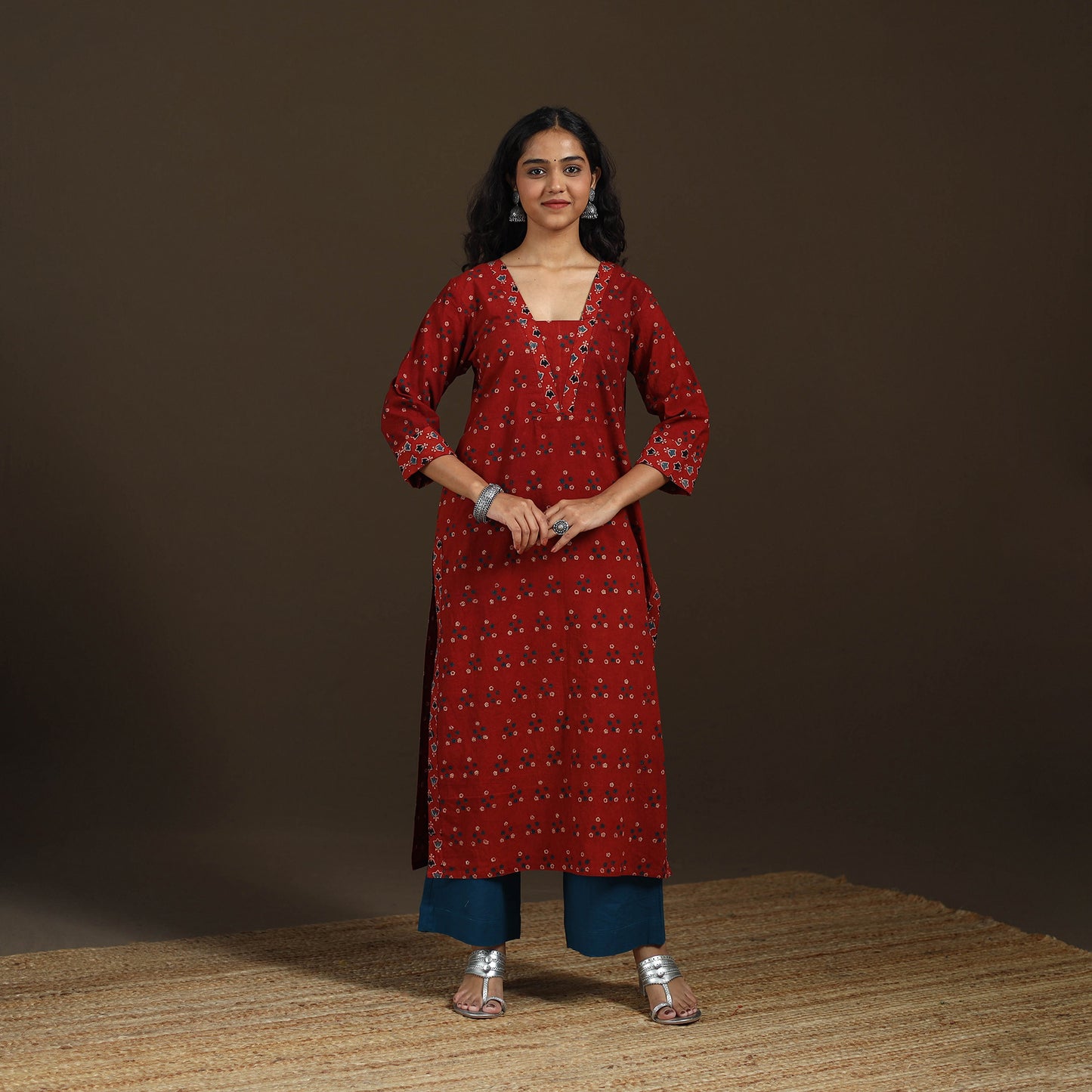 Ajrakh Hand Block Print Natural Dyed Cotton Straight Long Kurta for women 29