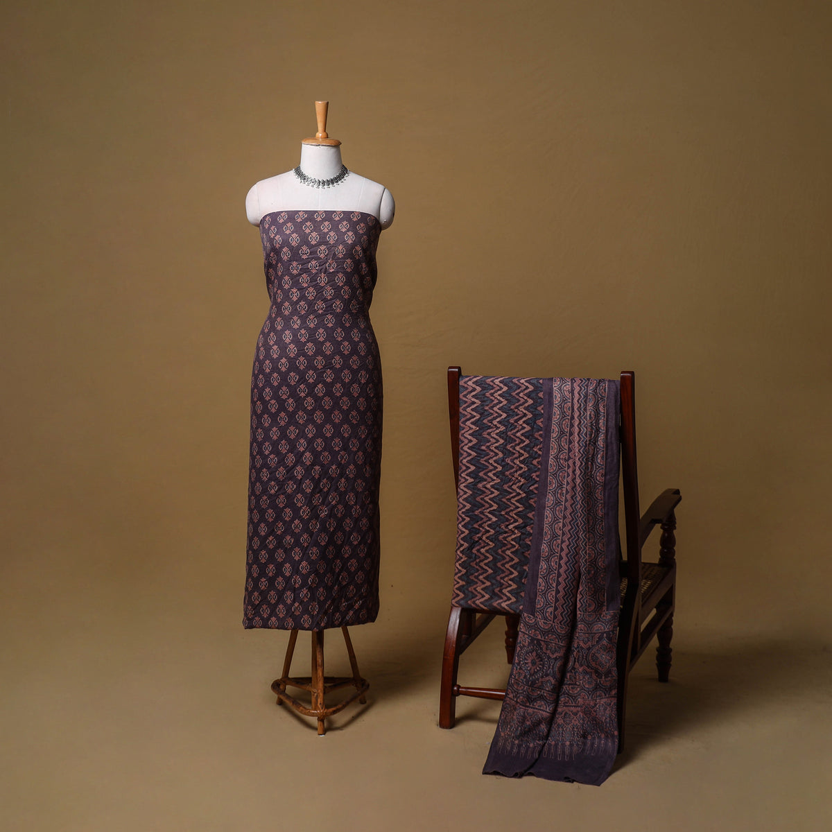 Woolen Ajrakh Hand Block Print Unstitched Dress Material: Kurta, Bottom with Dupatta 23