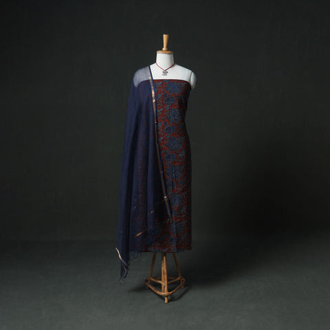 Ajrakh Block Print Natural Dyed Cotton Unstitched Dress Material: Kurta & Dupatta with Jewellery 03