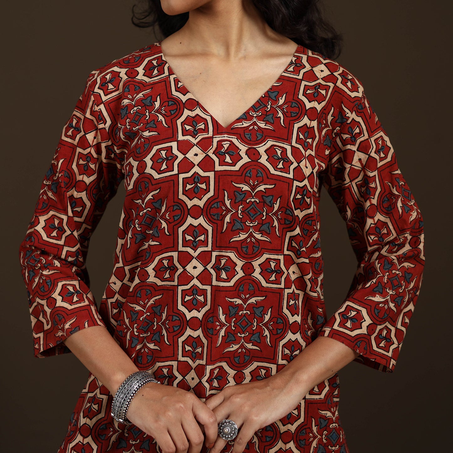 Ajrakh Hand Block Print Natural Dyed Cotton Straight Long Kurta for women 19