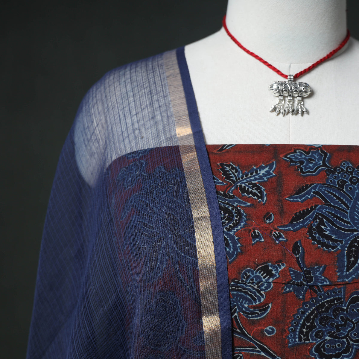 Ajrakh Block Print Natural Dyed Cotton Unstitched Dress Material: Kurta & Dupatta with Jewellery 03