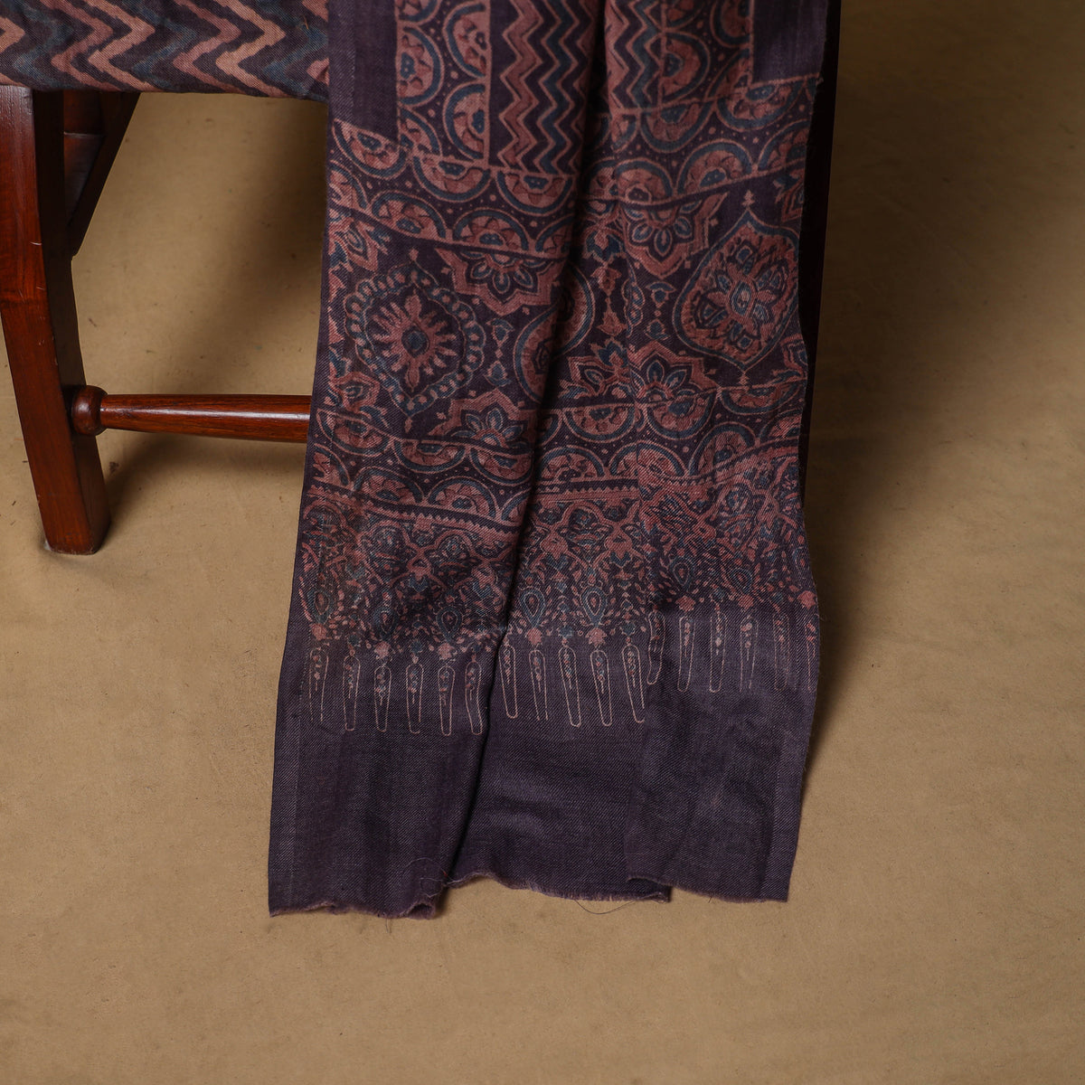 Woolen Ajrakh Hand Block Print Unstitched Dress Material: Kurta, Bottom with Dupatta 23