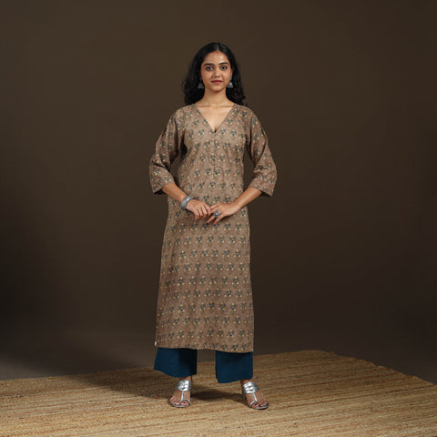 Brown - Ajrakh Hand Block Print Natural Dyed Cotton Straight Long Kurta for women 12