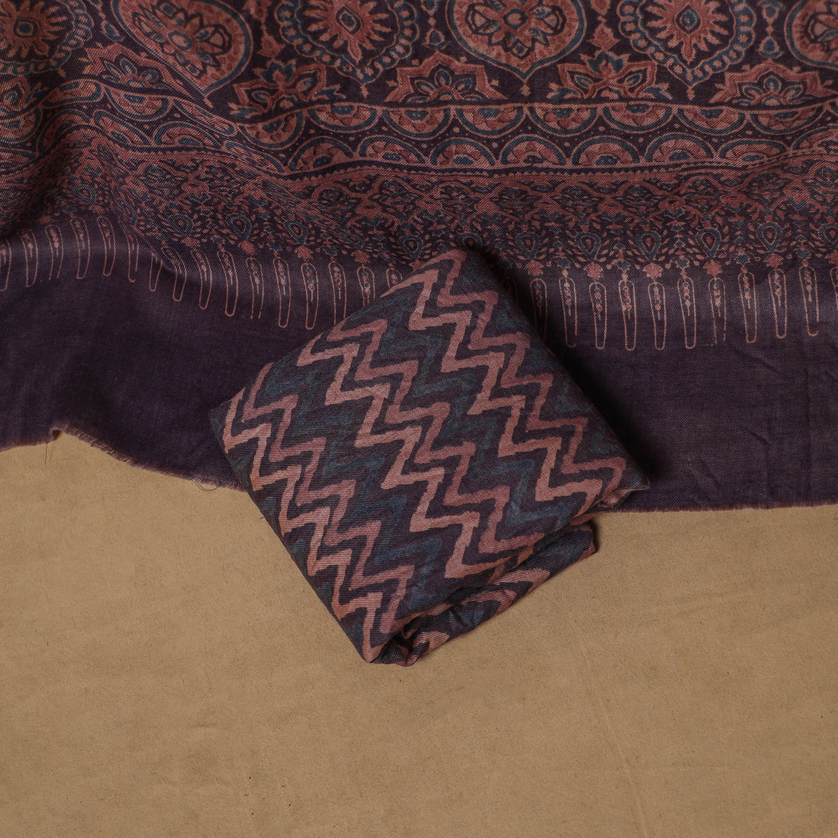 Woolen Ajrakh Hand Block Print Unstitched Dress Material: Kurta, Bottom with Dupatta 23