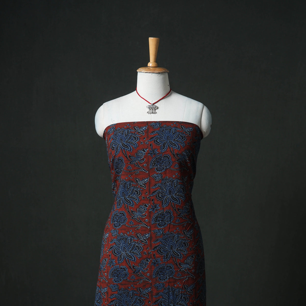 Ajrakh Block Print Natural Dyed Cotton Unstitched Dress Material: Kurta & Dupatta with Jewellery 03