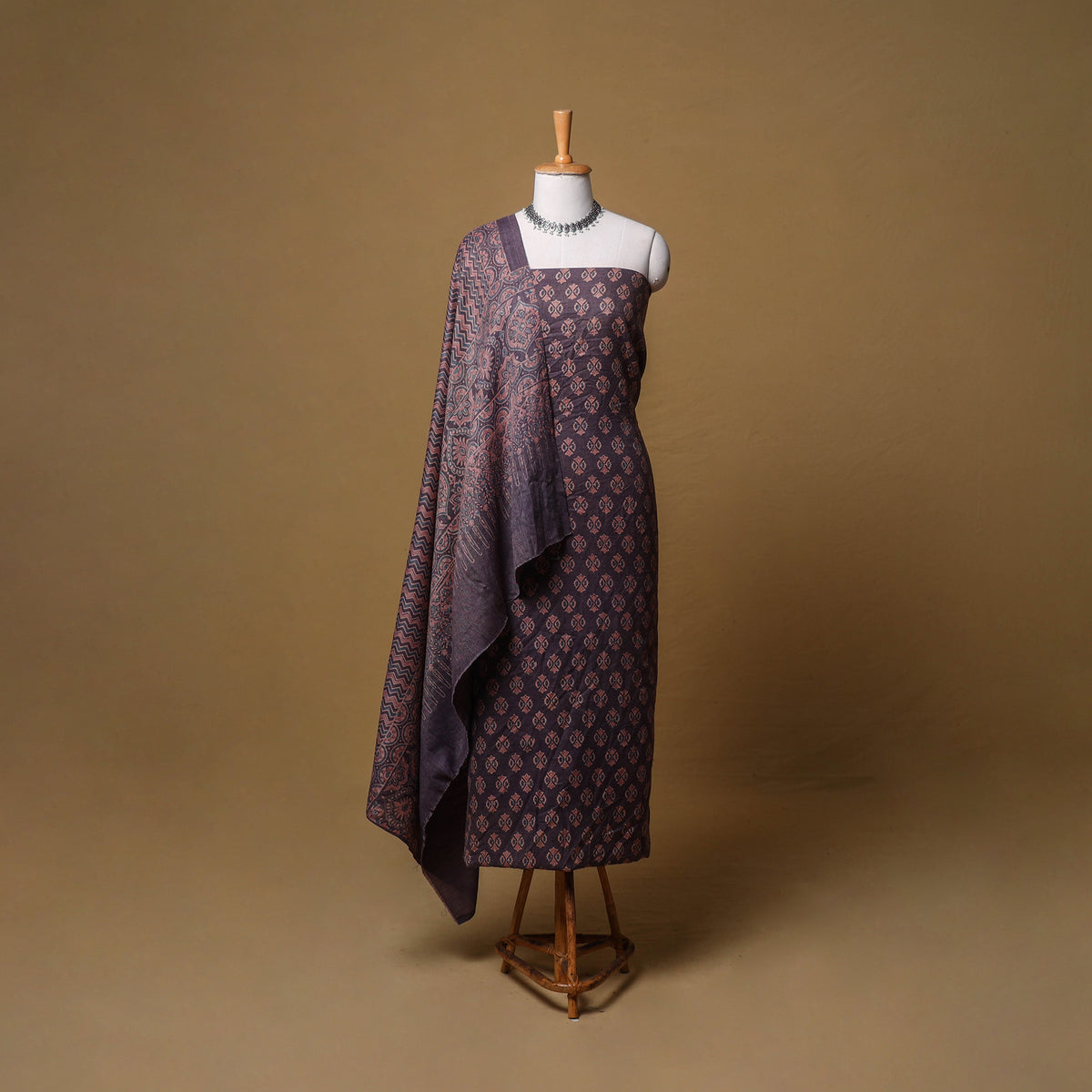 Woolen Ajrakh Hand Block Print Unstitched Dress Material: Kurta, Bottom with Dupatta 23