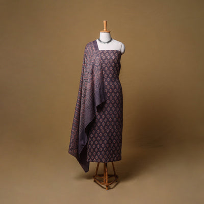 Woolen Ajrakh Hand Block Print Unstitched Dress Material: Kurta, Bottom with Dupatta 23
