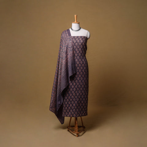 Woolen Ajrakh Hand Block Print Unstitched Dress Material: Kurta, Bottom with Dupatta 23
