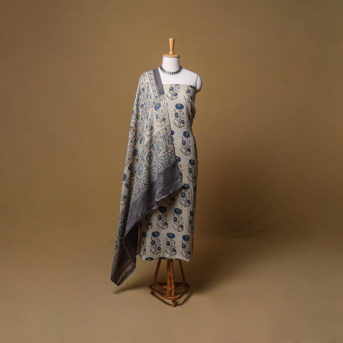 Woolen Ajrakh Hand Block Print Unstitched Dress Material: Kurta, Bottom with Dupatta 24